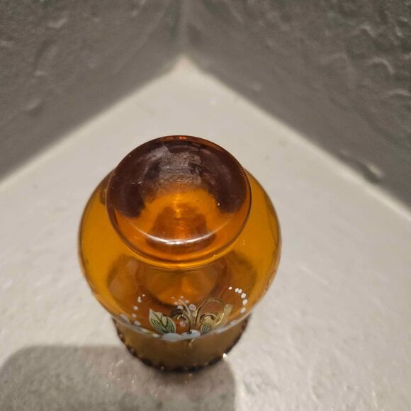 Bohemian Hand Blown Hand Painted Gold Rimmed Amber 3.5" Vase - Picture 10 of 10